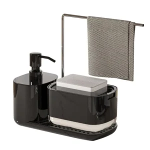 Press Dish Soap Dispenser Set Container with Sponge Holder Countertop Towel Rack Soap Pump Dispenser for Kitchen Sink Drain Tray